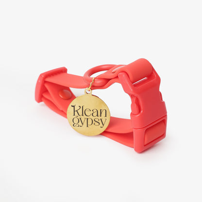 Red dog collar with a gold 'Klean Gypsy' tag on a white background